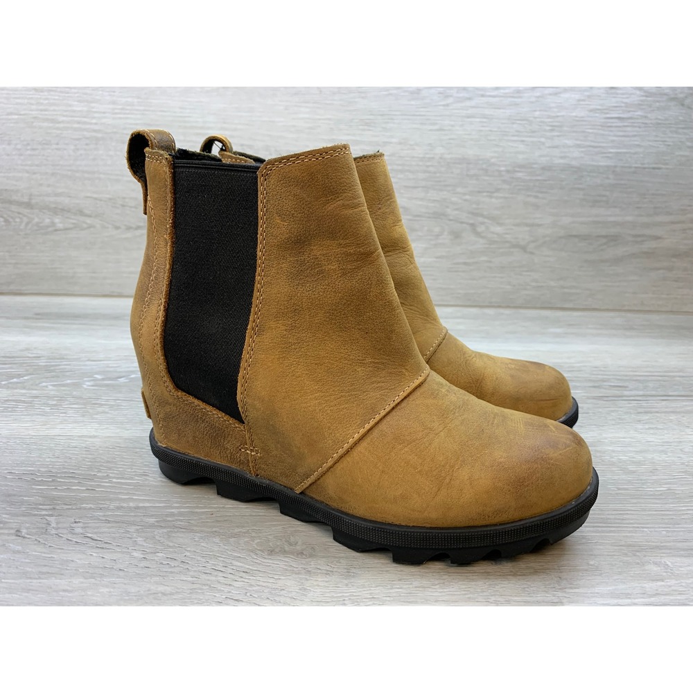 Sorel Joan of Arctic Wedge II Chelsea Boots Elk Brown Leather 7 Comfort Shoes